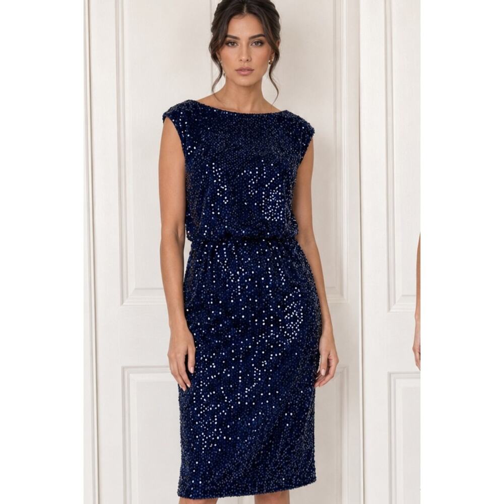 NWT Maggy London Sequined Blouson Navy Blue Dress - Picture 3 of 15